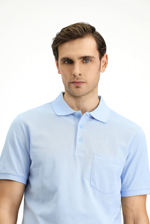 Light Blue Polo Collar Regular Fit Embroidered Cotton T-Shirt