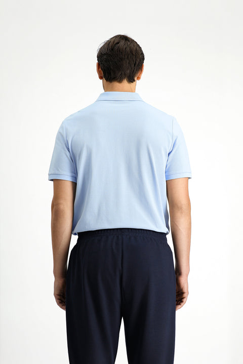 Light Blue Polo Collar Regular Fit Embroidered Cotton T-Shirt