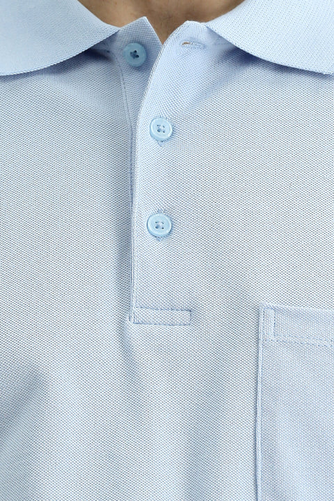 Light Blue Polo Collar Regular Fit Embroidered Cotton T-Shirt