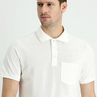 White Polo Collar Regular Fit Embroidered Cotton T-Shirt