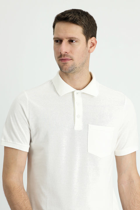 White Polo Collar Regular Fit Embroidered Cotton T-Shirt