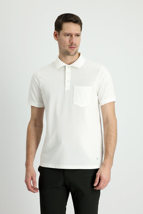 White Polo Collar Regular Fit Embroidered Cotton T-Shirt