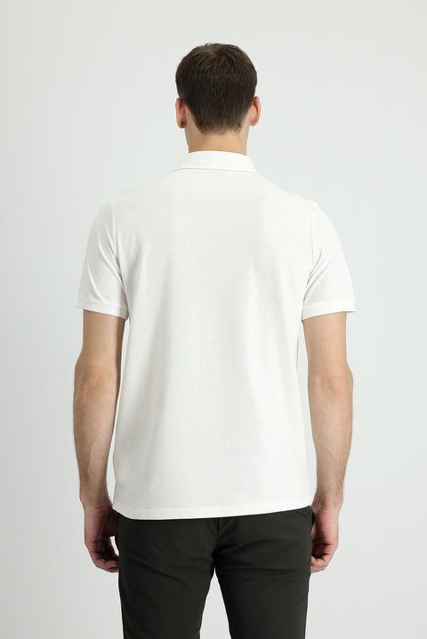 White Polo Collar Regular Fit Embroidered Cotton T-Shirt