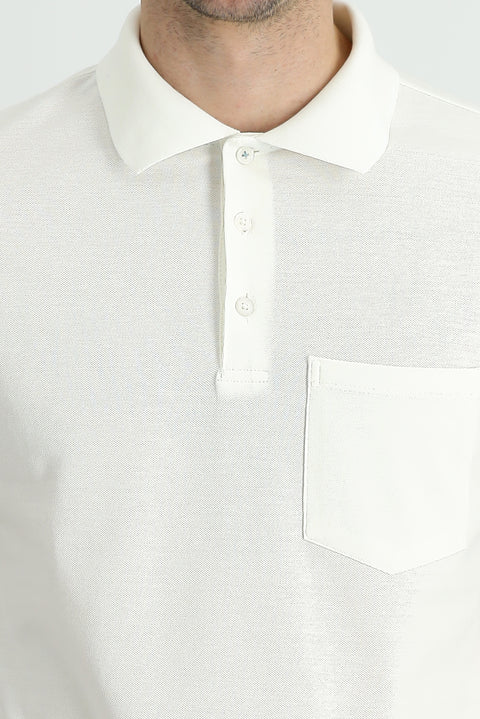 White Polo Collar Regular Fit Embroidered Cotton T-Shirt