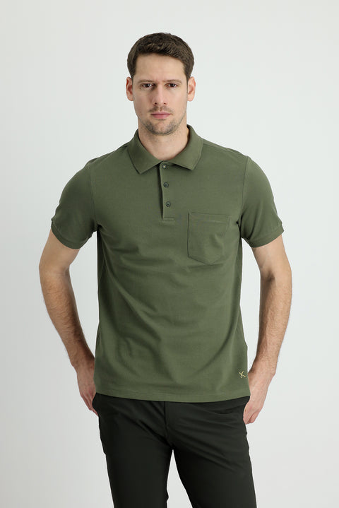 Medium Khaki Polo Collar Regular Fit Embroidered Cotton T-shirt