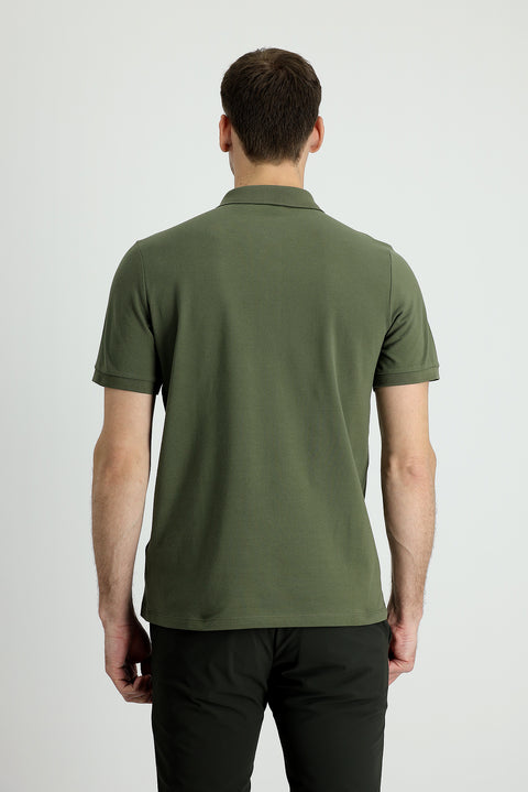 Medium Khaki Polo Collar Regular Fit Embroidered Cotton T-shirt