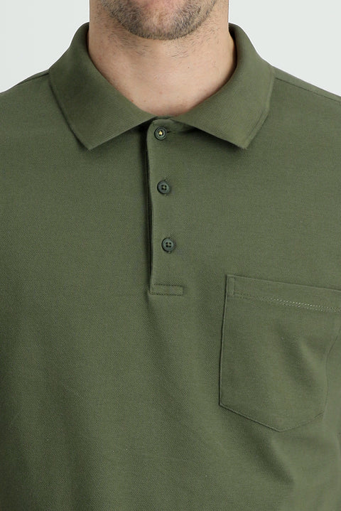 Medium Khaki Polo Collar Regular Fit Embroidered Cotton T-shirt