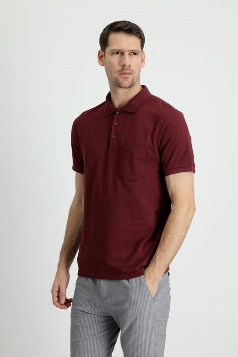 Dark Burgundy Polo Collar Regular Fit Embroidered Cotton T-shirt