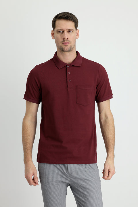 Dark Burgundy Polo Collar Regular Fit Embroidered Cotton T-shirt