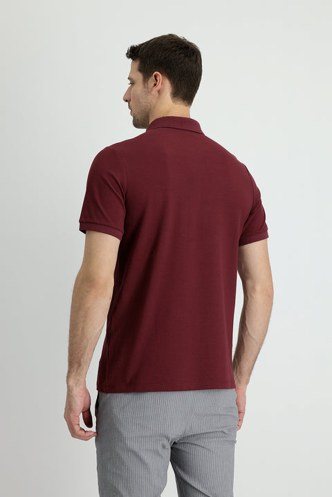 Dark Burgundy Polo Collar Regular Fit Embroidered Cotton T-shirt
