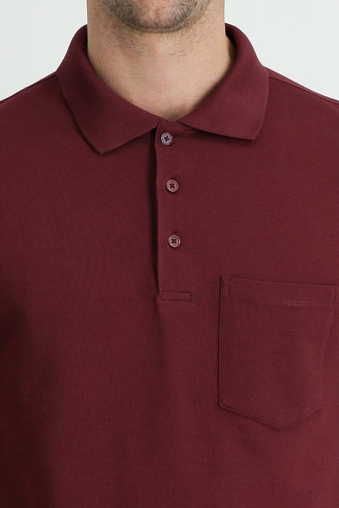 Dark Burgundy Polo Collar Regular Fit Embroidered Cotton T-shirt