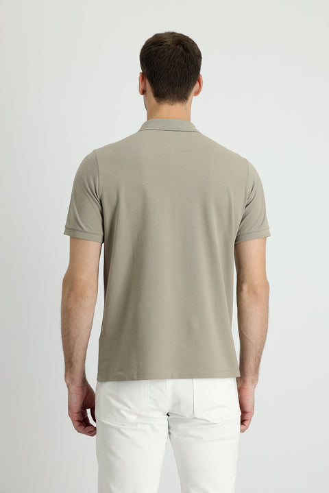 Medium Mink Polo Collar Regular Fit Embroidered Cotton T-Shirt
