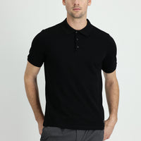 Black Polo Collar Regular Fit Embroidered Cotton T-shirt