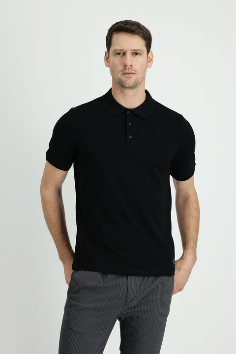 Black Polo Collar Regular Fit Embroidered Cotton T-shirt