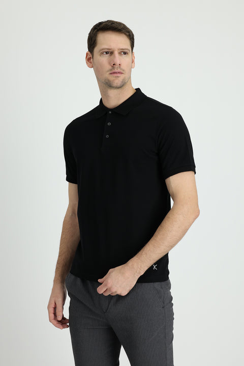 Black Polo Collar Regular Fit Embroidered Cotton T-shirt