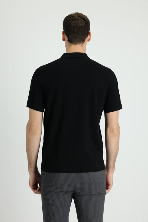 Black Polo Collar Regular Fit Embroidered Cotton T-shirt
