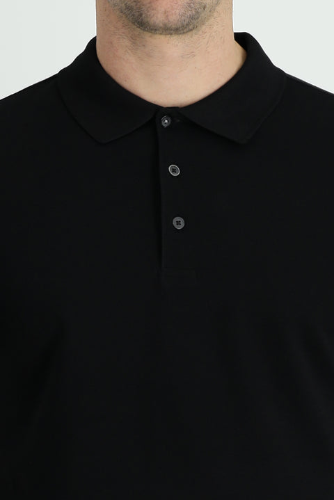 Black Polo Collar Regular Fit Embroidered Cotton T-shirt