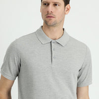 Medium Grey Melange Polo Collar Regular Fit Embroidered Cotton T-Shirt