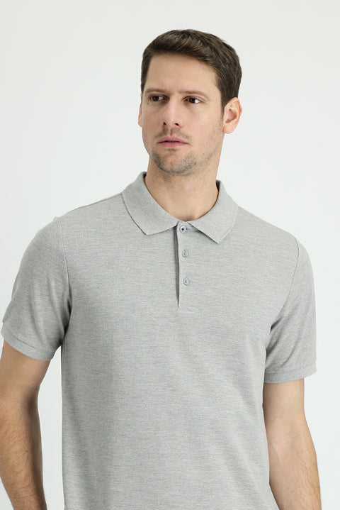 Medium Grey Melange Polo Collar Regular Fit Embroidered Cotton T-Shirt
