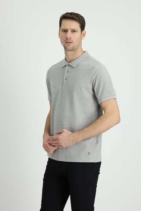 Medium Grey Melange Polo Collar Regular Fit Embroidered Cotton T-Shirt