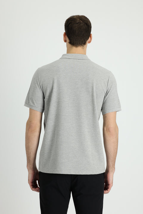 Medium Grey Melange Polo Collar Regular Fit Embroidered Cotton T-Shirt