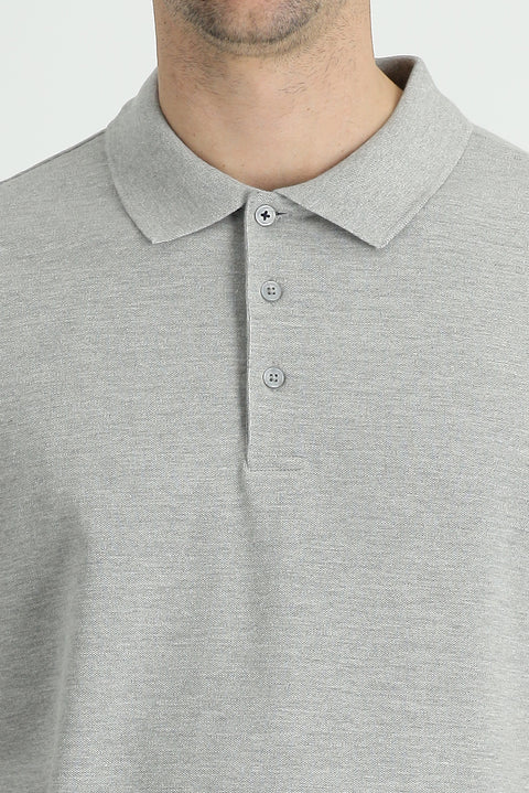 Medium Grey Melange Polo Collar Regular Fit Embroidered Cotton T-Shirt