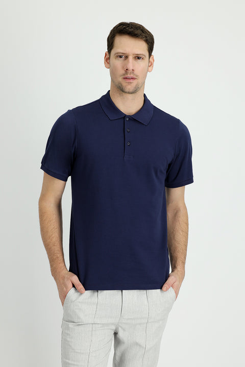 Navy Blue Polo Collar Regular Fit Embroidered Cotton T-Shirt