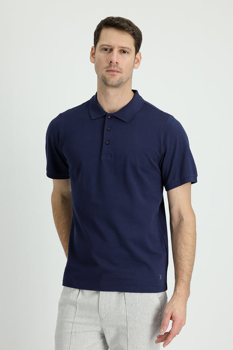 Navy Blue Polo Collar Regular Fit Embroidered Cotton T-Shirt