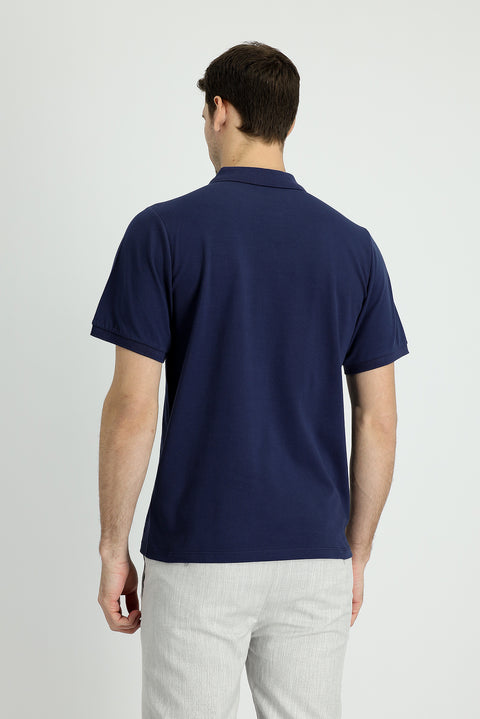 Navy Blue Polo Collar Regular Fit Embroidered Cotton T-Shirt