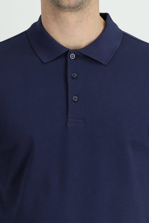 Navy Blue Polo Collar Regular Fit Embroidered Cotton T-Shirt