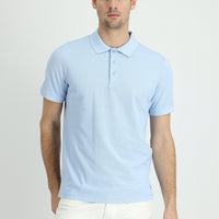 Light Blue Polo Collar Regular Fit Embroidered Cotton T-Shirt