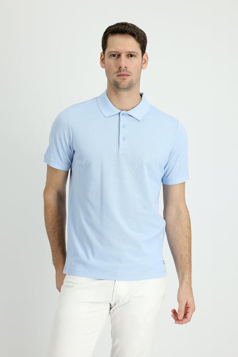 Light Blue Polo Collar Regular Fit Embroidered Cotton T-Shirt