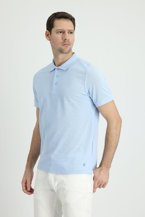 Light Blue Polo Collar Regular Fit Embroidered Cotton T-Shirt