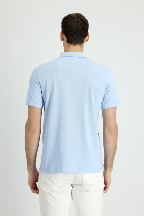 Light Blue Polo Collar Regular Fit Embroidered Cotton T-Shirt