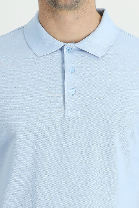 Light Blue Polo Collar Regular Fit Embroidered Cotton T-Shirt