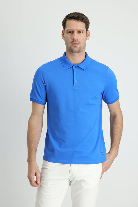 Indigo Blue Polo Collar Regular Fit Embroidered Cotton T-shirt