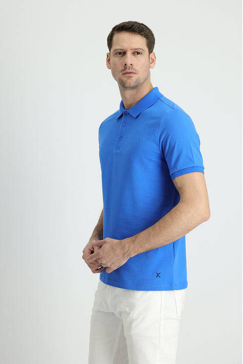 Indigo Blue Polo Collar Regular Fit Embroidered Cotton T-shirt