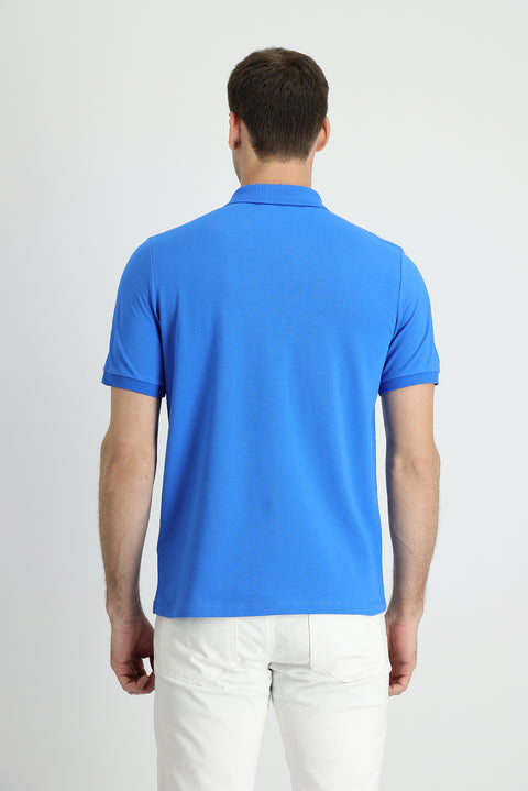 Indigo Blue Polo Collar Regular Fit Embroidered Cotton T-shirt