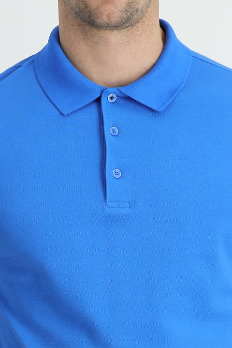 Indigo Blue Polo Collar Regular Fit Embroidered Cotton T-shirt