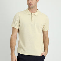 Light Beige Polo Collar Regular Fit Embroidered Cotton T-shirt