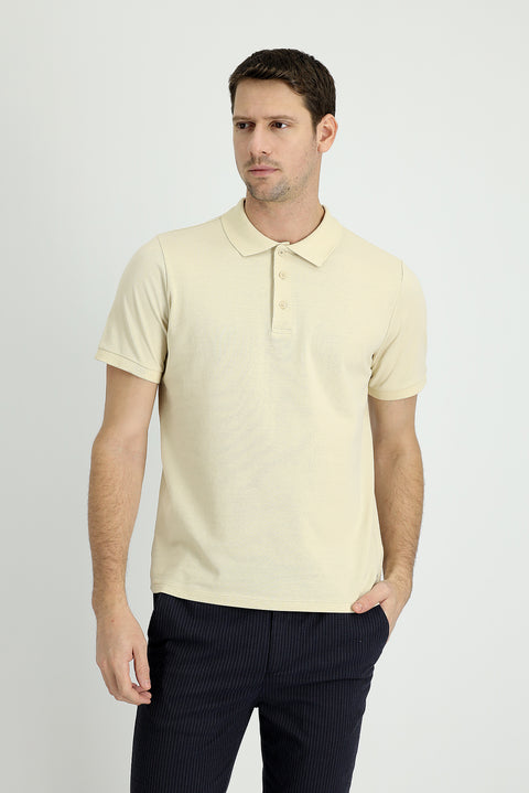 Light Beige Polo Collar Regular Fit Embroidered Cotton T-shirt