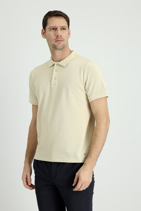 Light Beige Polo Collar Regular Fit Embroidered Cotton T-shirt