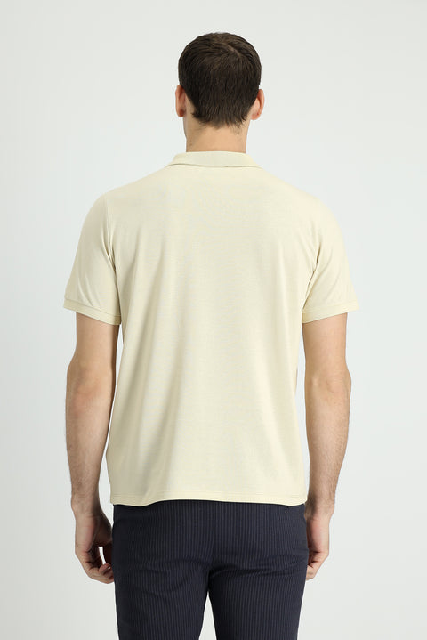 Light Beige Polo Collar Regular Fit Embroidered Cotton T-shirt