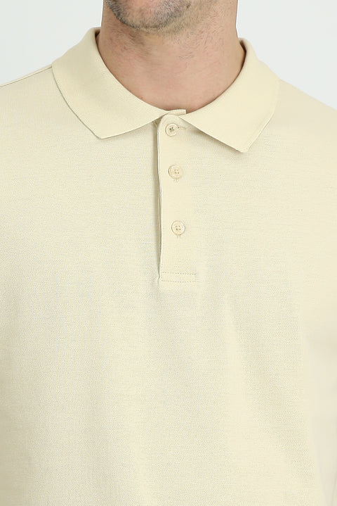 Light Beige Polo Collar Regular Fit Embroidered Cotton T-shirt
