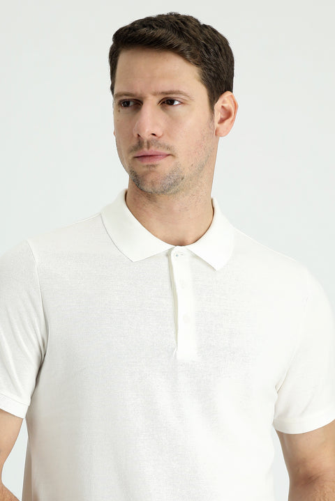 White Polo Collar Regular Fit Embroidered Cotton T-Shirt