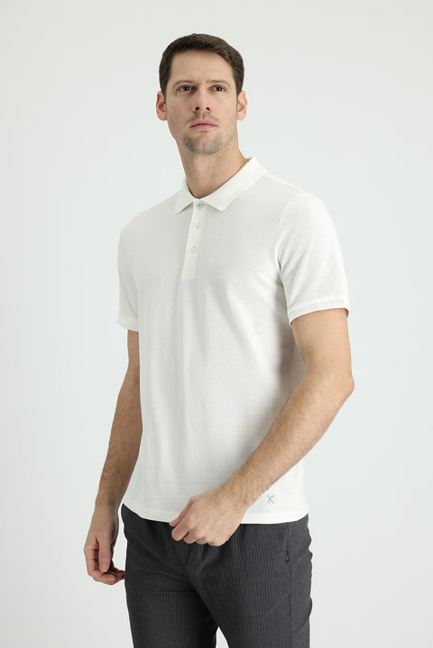 White Polo Collar Regular Fit Embroidered Cotton T-Shirt