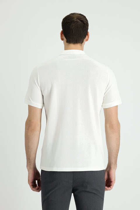 White Polo Collar Regular Fit Embroidered Cotton T-Shirt