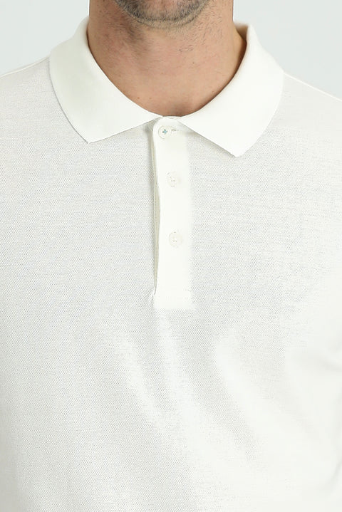 White Polo Collar Regular Fit Embroidered Cotton T-Shirt
