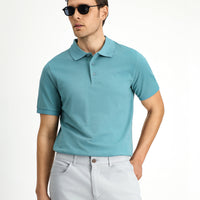 Moss Green Polo Collar Regular Fit Embroidered Cotton T-Shirt