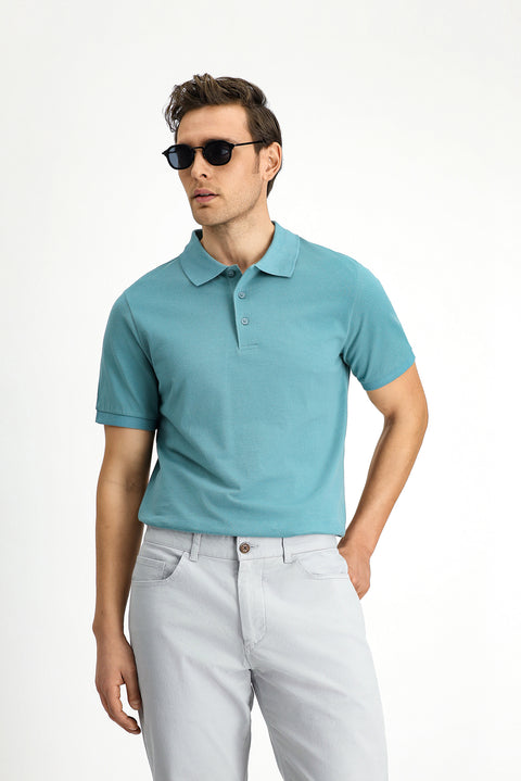 Moss Green Polo Collar Regular Fit Embroidered Cotton T-Shirt